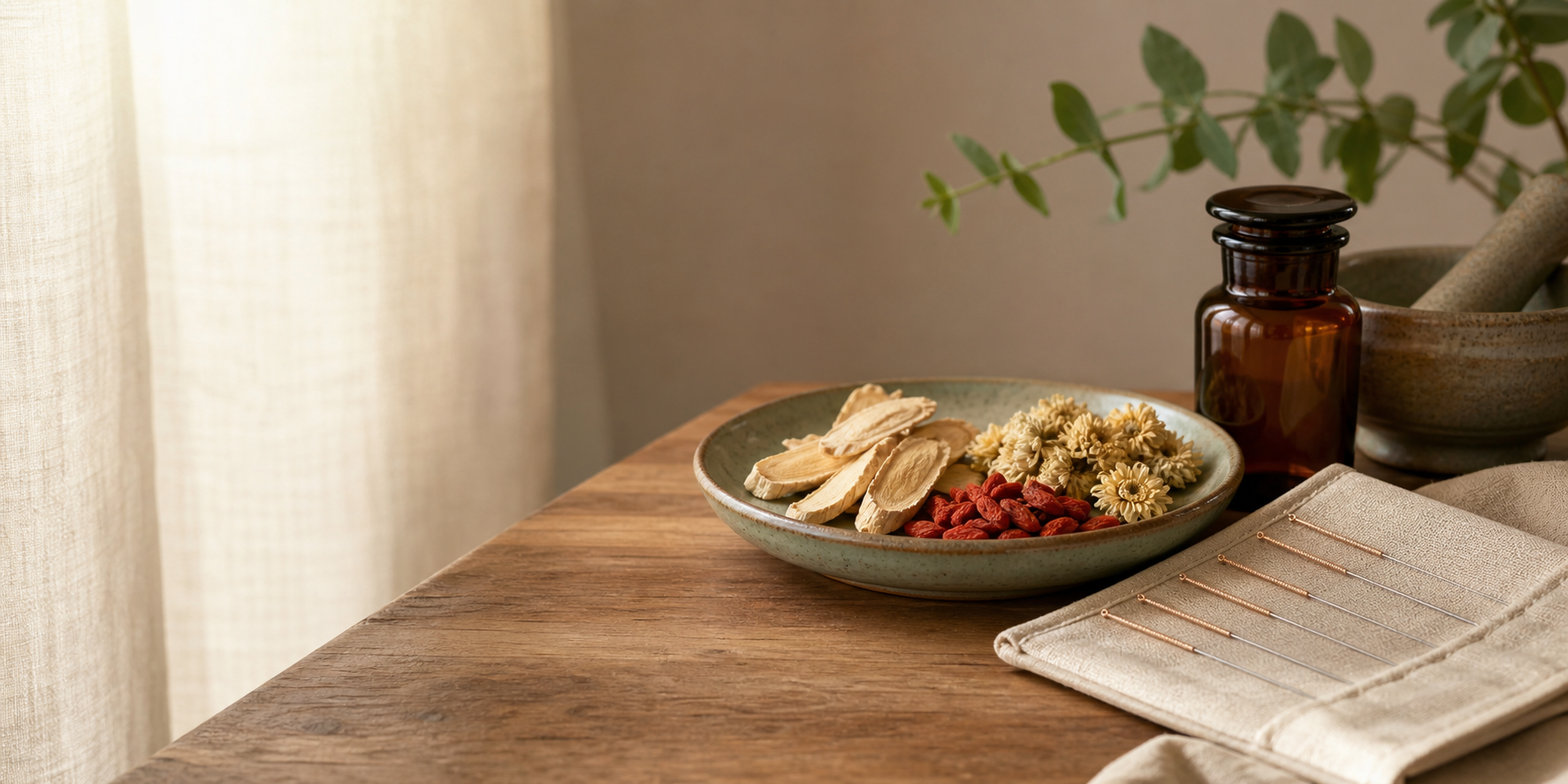 Traditional herbs and acupuncture needles arranged in soft natural light